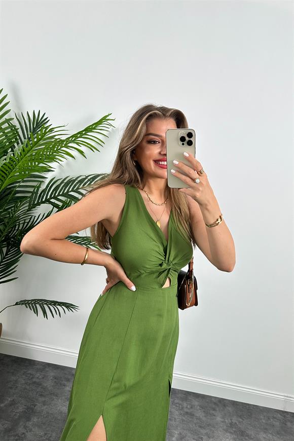 Lüx Kalite Düğümlü Yırtmaçlı Maxi Keten Elbise Yağ Yeşili