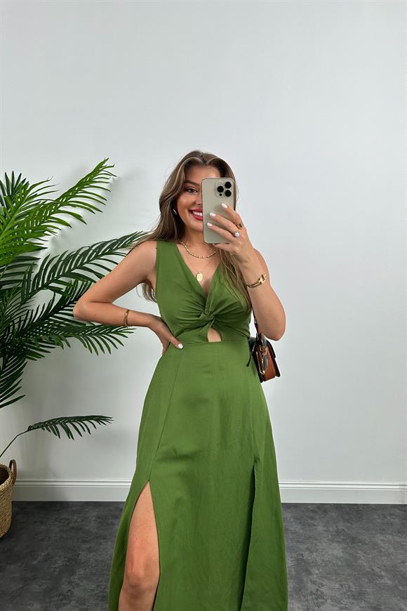 Lüx Kalite Düğümlü Yırtmaçlı Maxi Keten Elbise Yağ Yeşili