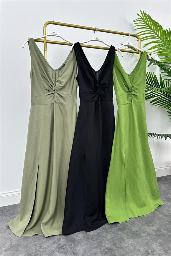 Lüx Kalite Düğümlü Yırtmaçlı Maxi Keten Elbise Yağ Yeşili