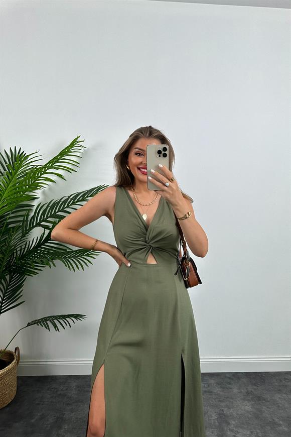 Lüx Kalite Düğümlü Yırtmaçlı Maxi Keten Elbise Haki