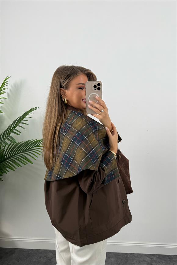 Lüx Kalite Ekoseli Şallı Tasarım Trençkot Acı Kahve