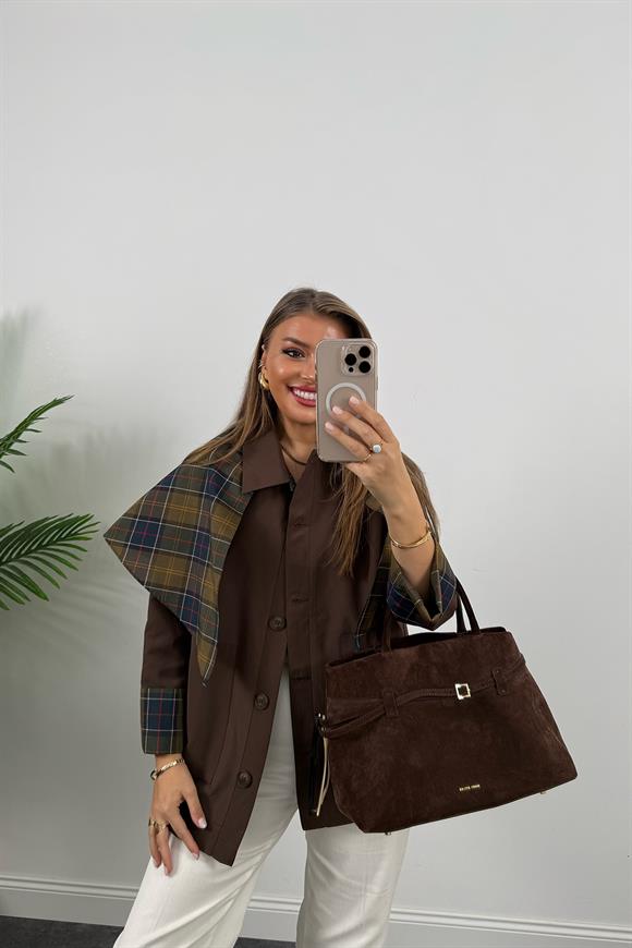 Lüx Kalite Ekoseli Şallı Tasarım Trençkot Acı Kahve