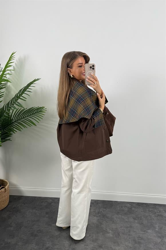 Lüx Kalite Ekoseli Şallı Tasarım Trençkot Acı Kahve