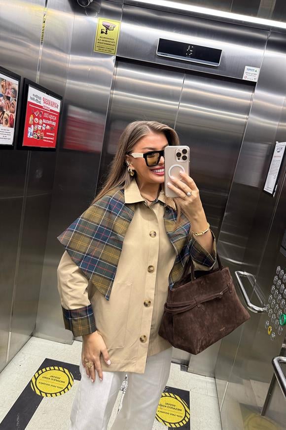 Lüx Kalite Ekoseli Şallı Tasarım Trençkot Bej