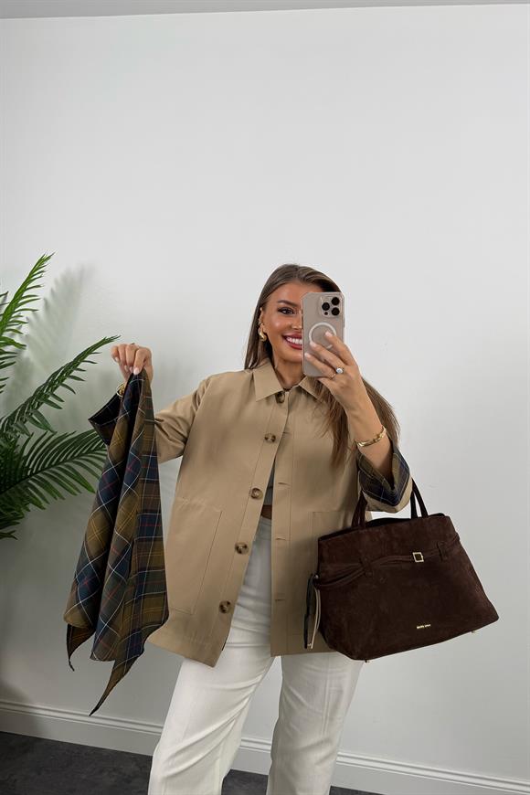 Lüx Kalite Ekoseli Şallı Tasarım Trençkot Bej