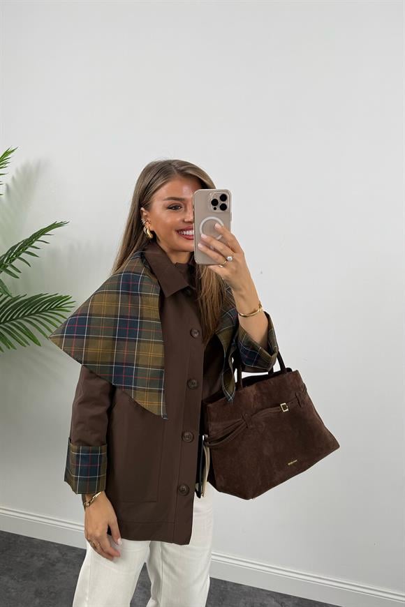 Lüx Kalite Ekoseli Şallı Tasarım Trençkot Acı Kahve
