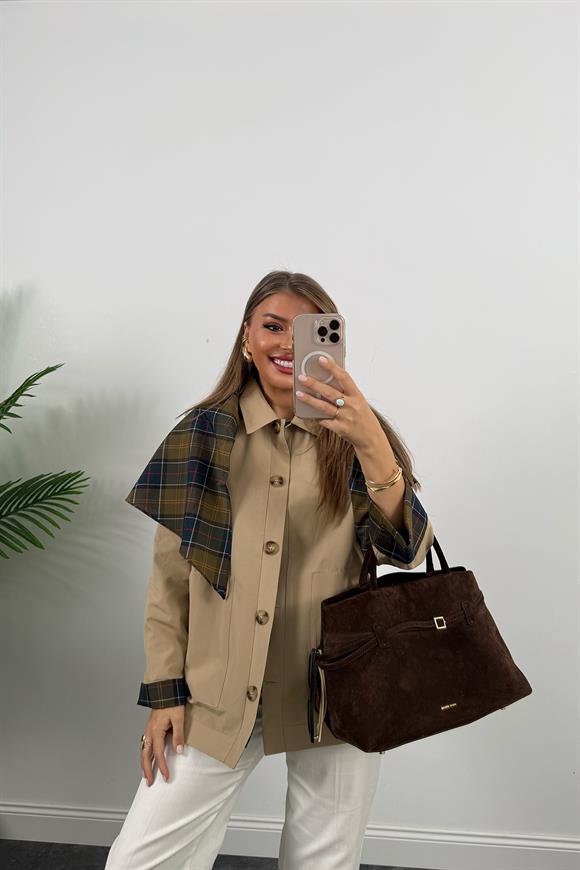 Lüx Kalite Ekoseli Şallı Tasarım Trençkot Bej
