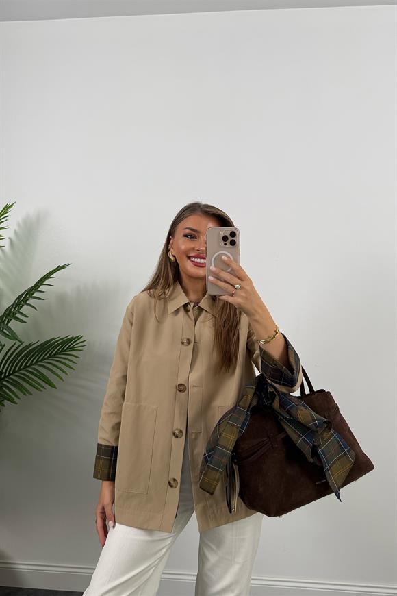 Lüx Kalite Ekoseli Şallı Tasarım Trençkot Bej