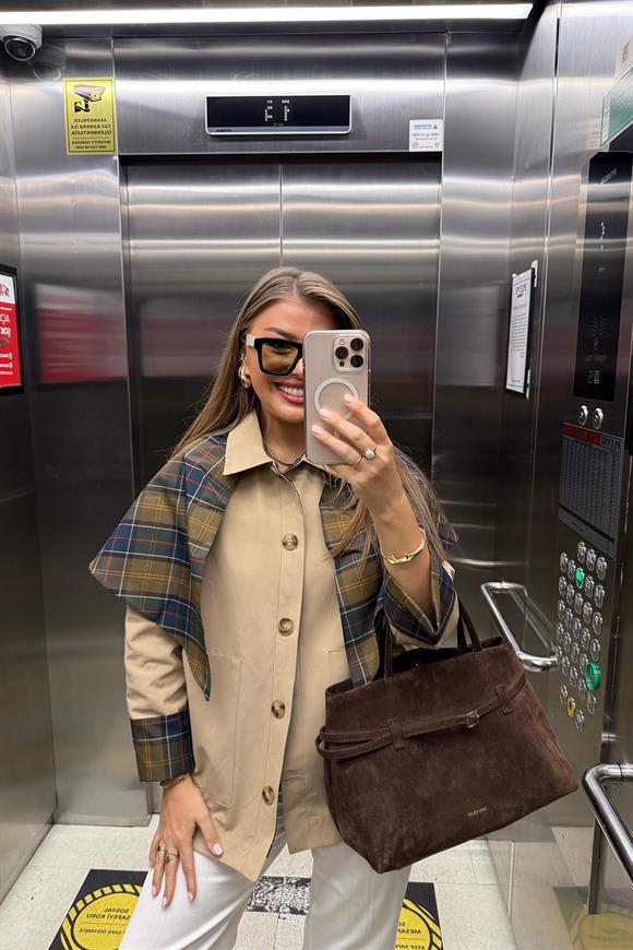 Lüx Kalite Ekoseli Şallı Tasarım Trençkot Bej