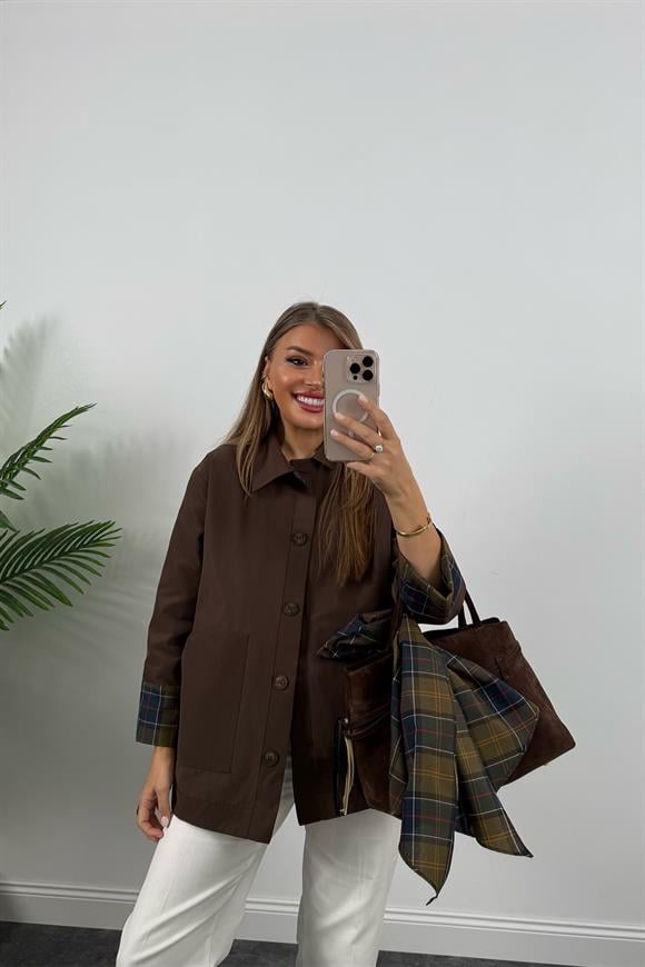 Lüx Kalite Ekoseli Şallı Tasarım Trençkot Acı Kahve