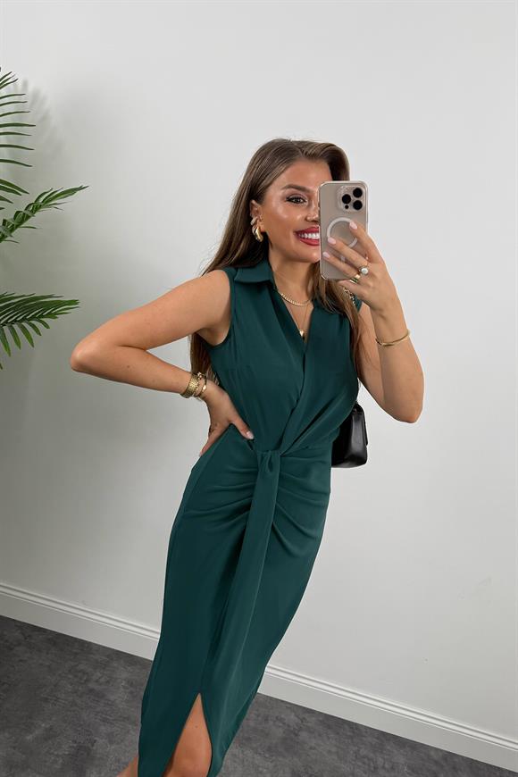 Lüx Kalite Eteği Düğümlü Yakalı Midi Elbise Zümrüt