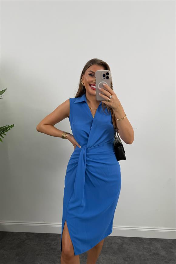 Lüx Kalite Eteği Düğümlü Yakalı Midi Elbise Mavi