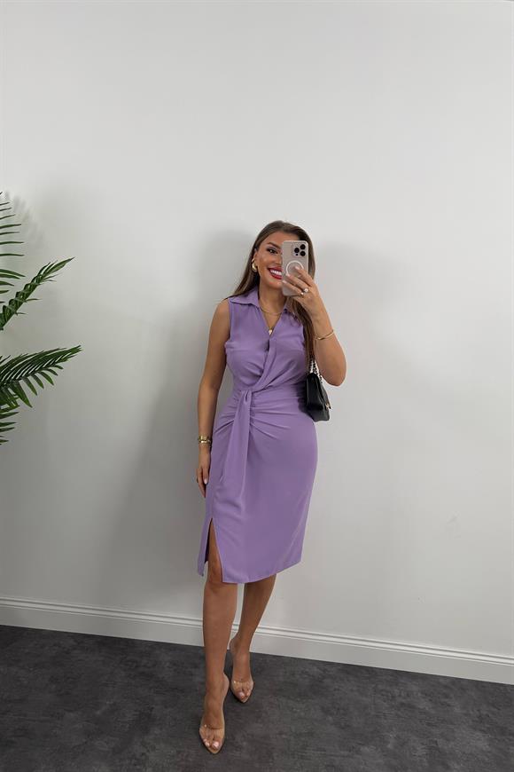 Lüx Kalite Eteği Düğümlü Yakalı Midi Elbise Lila