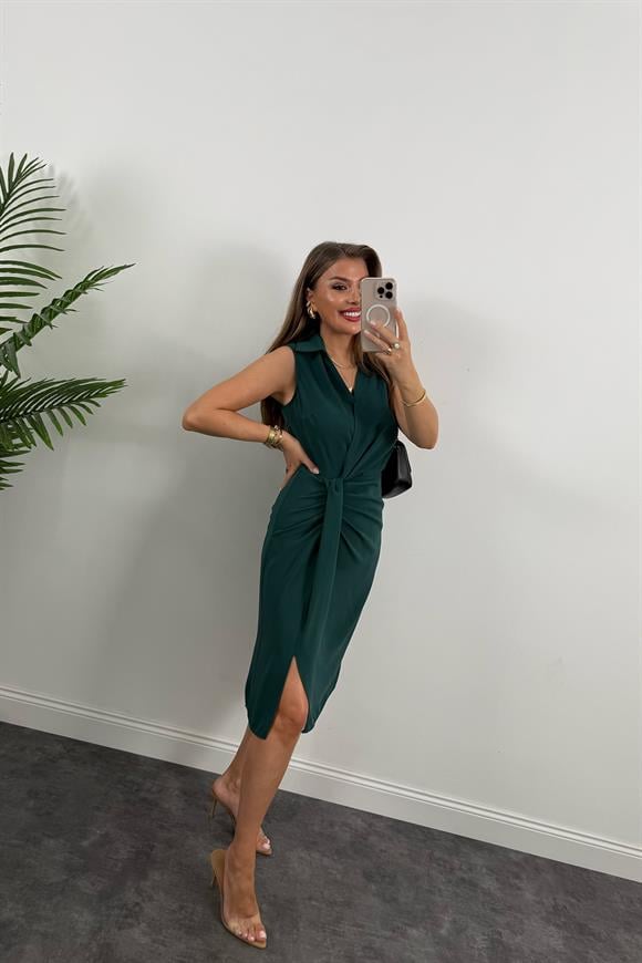 Lüx Kalite Eteği Düğümlü Yakalı Midi Elbise Zümrüt