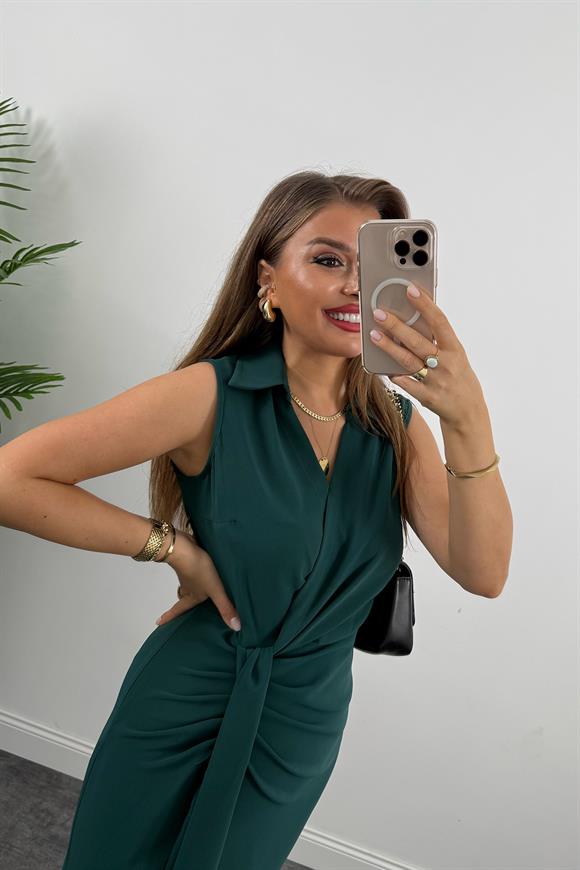 Lüx Kalite Eteği Düğümlü Yakalı Midi Elbise Zümrüt