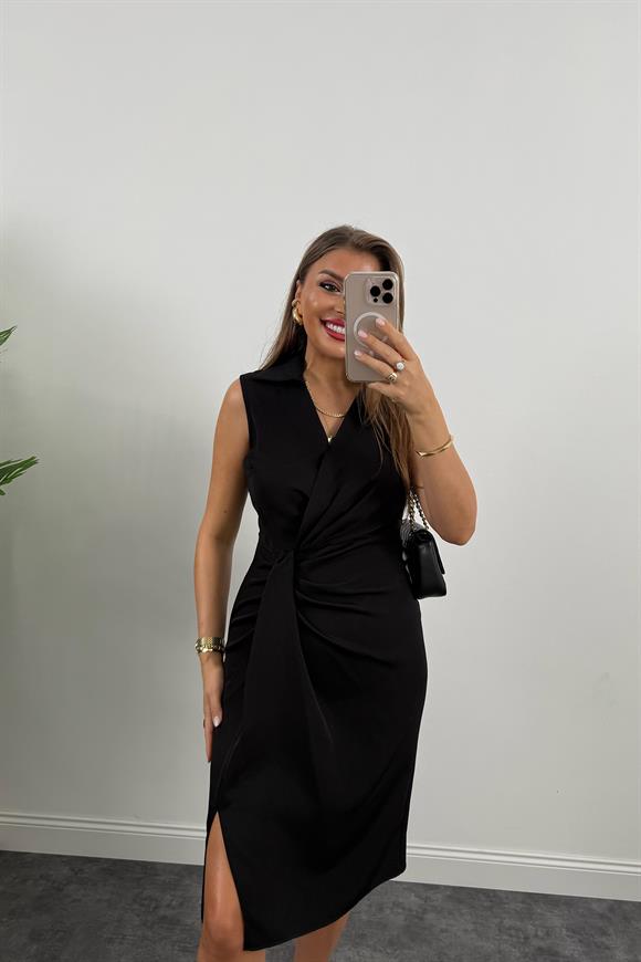 Lüx Kalite Eteği Düğümlü Yakalı Midi Elbise Siyah
