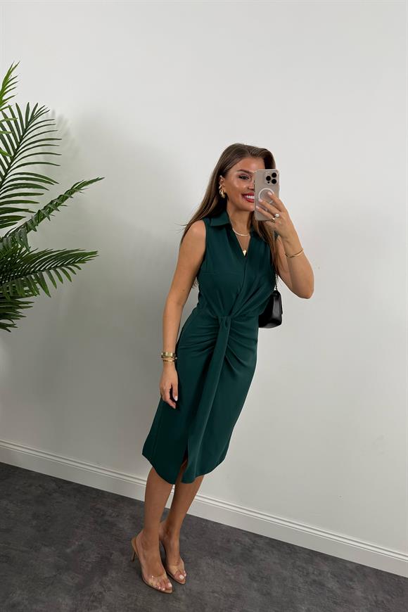 Lüx Kalite Eteği Düğümlü Yakalı Midi Elbise Zümrüt