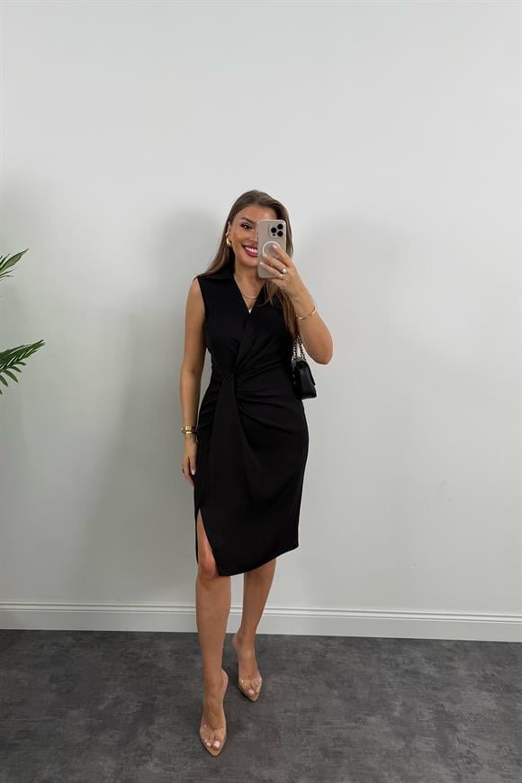 Lüx Kalite Eteği Düğümlü Yakalı Midi Elbise Siyah