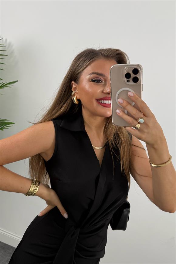 Lüx Kalite Eteği Düğümlü Yakalı Midi Elbise Siyah