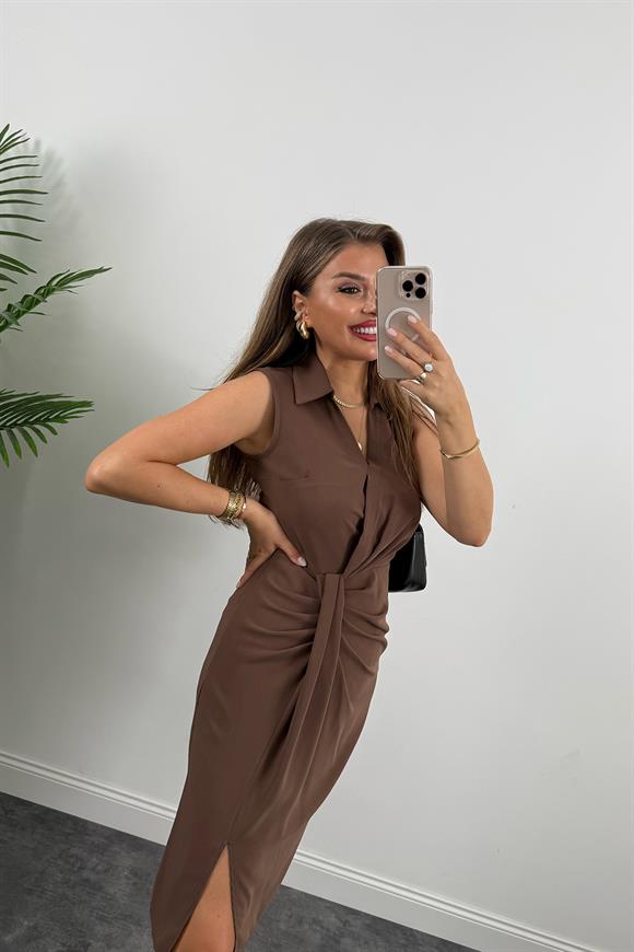 Lüx Kalite Eteği Düğümlü Yakalı Midi Elbise Kahverengi
