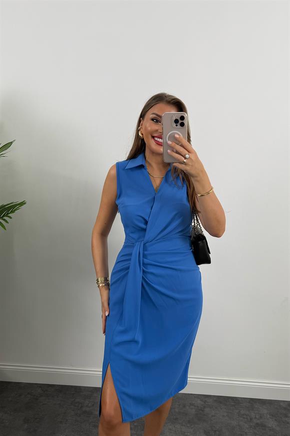 Lüx Kalite Eteği Düğümlü Yakalı Midi Elbise Mavi