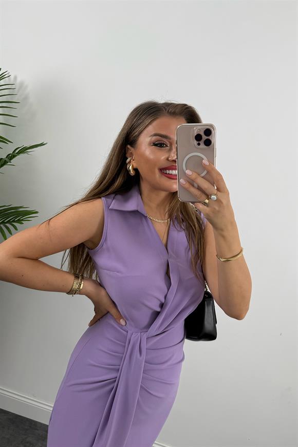 Lüx Kalite Eteği Düğümlü Yakalı Midi Elbise Lila
