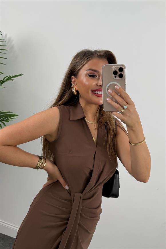 Lüx Kalite Eteği Düğümlü Yakalı Midi Elbise Kahverengi