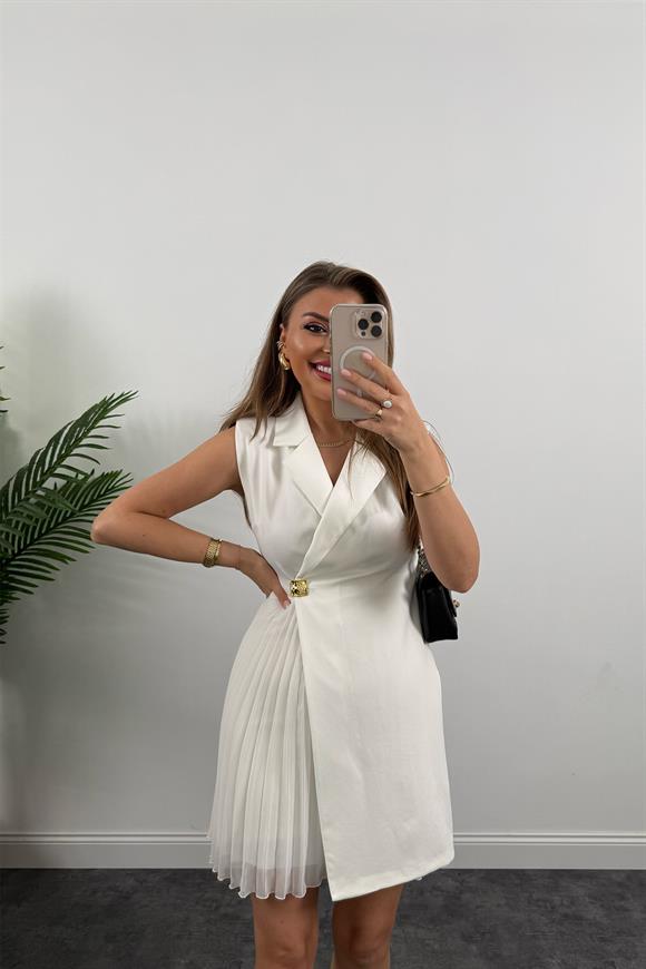 Lüx Kalite Eteği Piliseli Vatkalı Tasarım Elbise Ekru