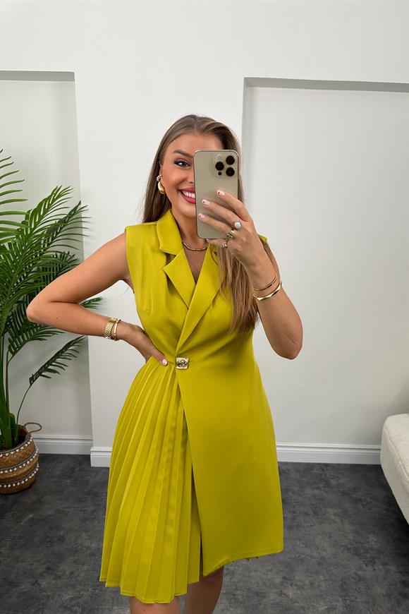 Lüx Kalite Eteği Piliseli Vatkalı Tasarım Elbise Yağ Yeşili