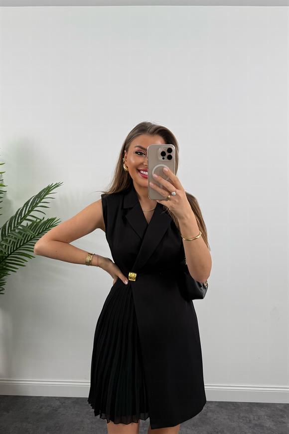 Lüx Kalite Eteği Piliseli Vatkalı Tasarım Elbise Siyah  