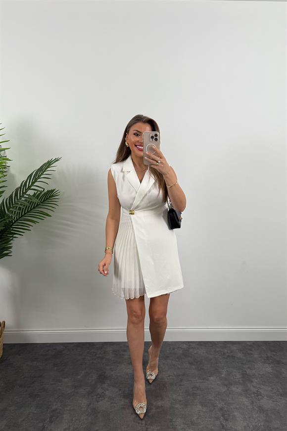 Lüx Kalite Eteği Piliseli Vatkalı Tasarım Elbise Ekru