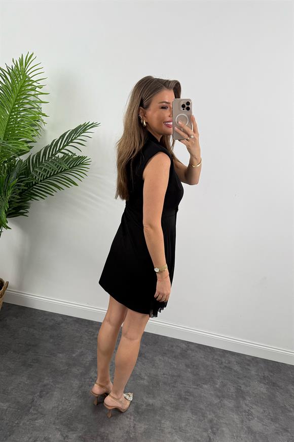 Lüx Kalite Eteği Piliseli Vatkalı Tasarım Elbise Siyah  