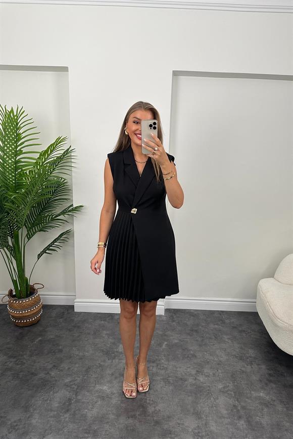 Lüx Kalite Eteği Piliseli Vatkalı Tasarım Elbise Siyah  