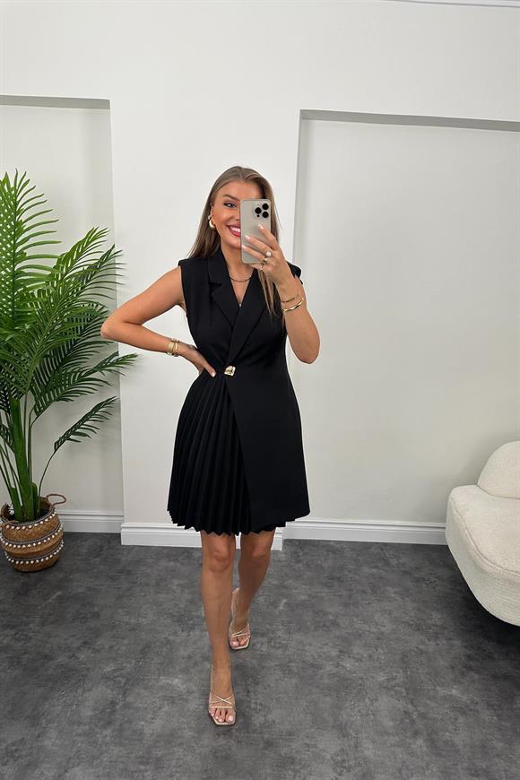 Lüx Kalite Eteği Piliseli Vatkalı Tasarım Elbise Siyah  