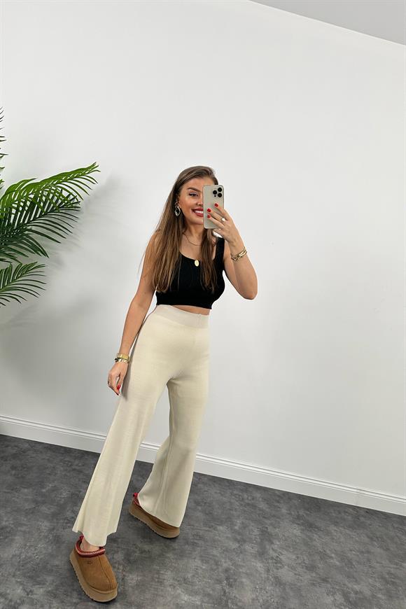 Lüx Kalite Likralı Triko Pantolon Krem