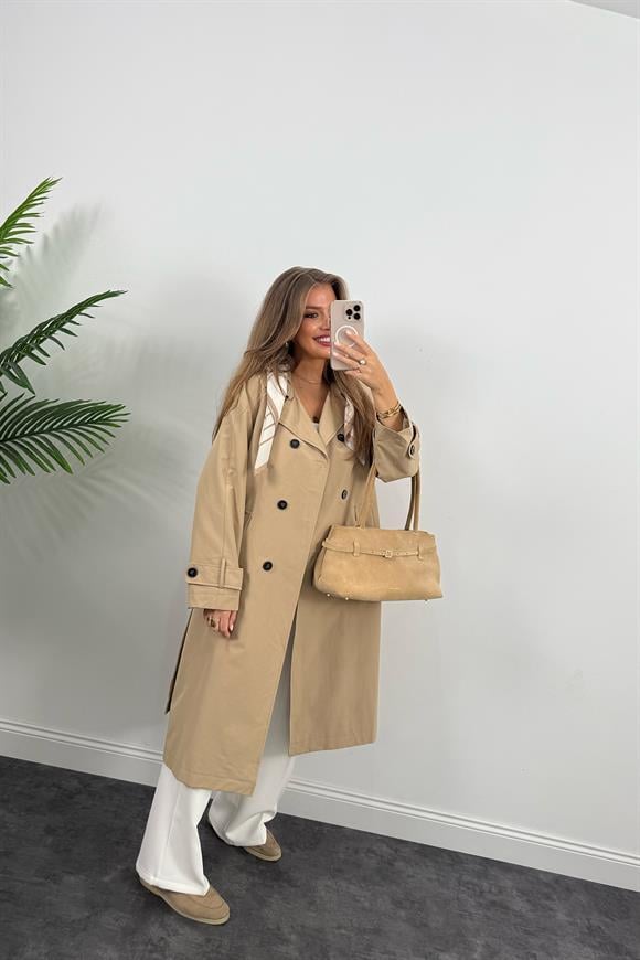 Lüx Kalite Fularlı Maxi Trençkot Bej
