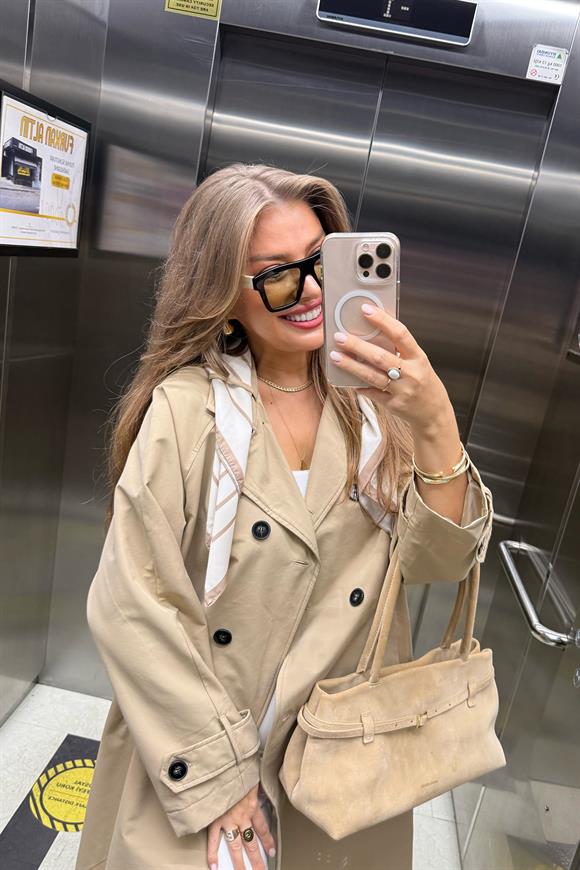 Lüx Kalite Fularlı Maxi Trençkot Bej