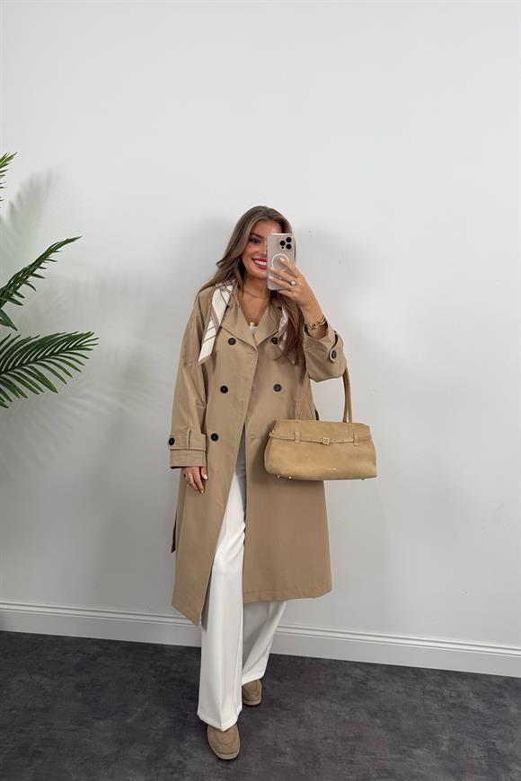 Lüx Kalite Fularlı Maxi Trençkot Bej