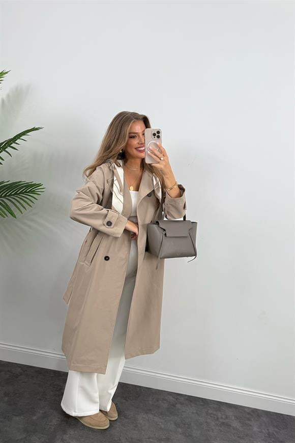 Lüx Kalite Fularlı Maxi Trençkot Haki
