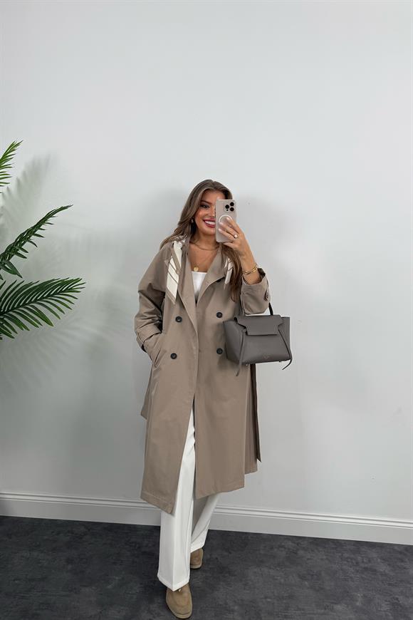 Lüx Kalite Fularlı Maxi Trençkot Haki