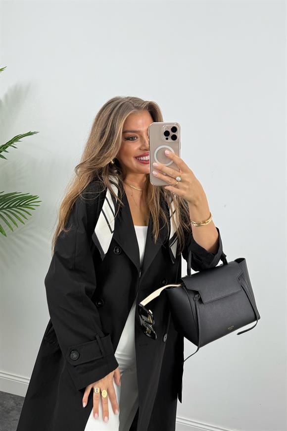 Lüx Kalite Fularlı Maxi Trençkot Siyah