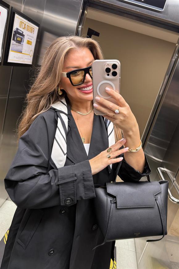 Lüx Kalite Fularlı Maxi Trençkot Siyah