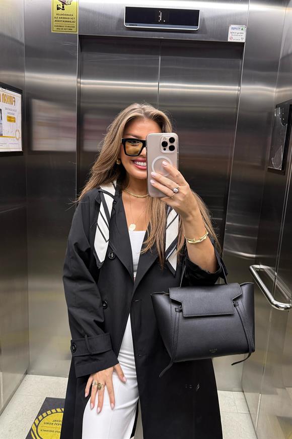 Lüx Kalite Fularlı Maxi Trençkot Siyah