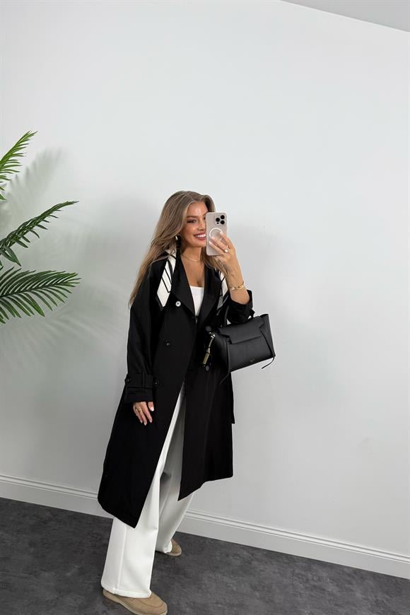 Lüx Kalite Fularlı Maxi Trençkot Siyah