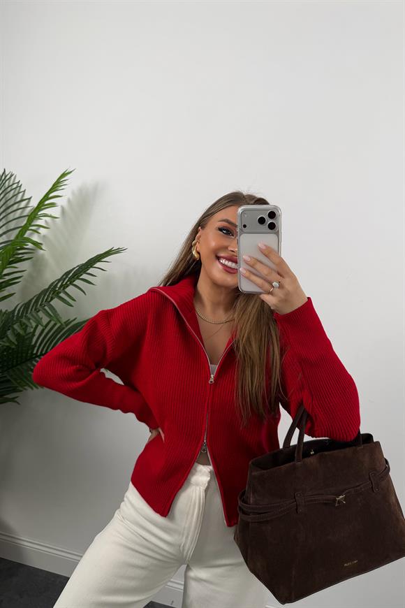 Lüx Kalite Geniş Yaka Çift Fermuarlı Elif Triko Hırka Kırmızı