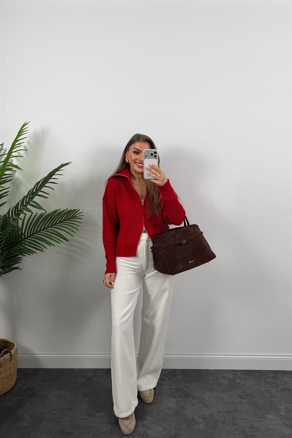 Lüx Kalite Geniş Yaka Çift Fermuarlı Elif Triko Hırka Kırmızı