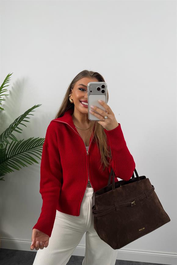 Lüx Kalite Geniş Yaka Çift Fermuarlı Elif Triko Hırka Kırmızı