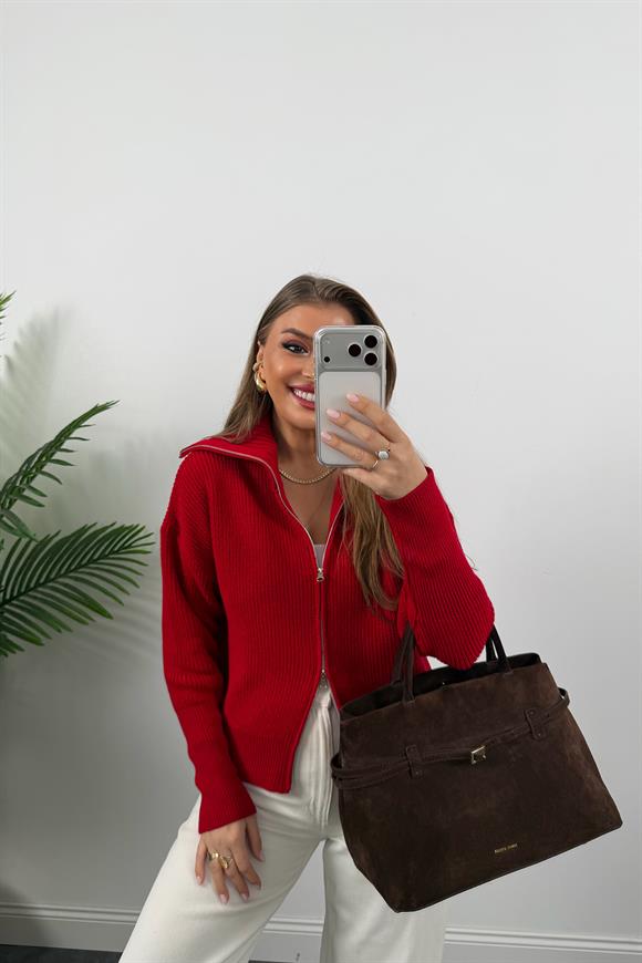 Lüx Kalite Geniş Yaka Çift Fermuarlı Elif Triko Hırka Kırmızı