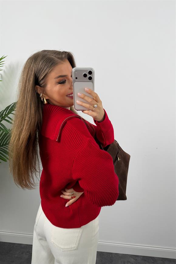 Lüx Kalite Geniş Yaka Çift Fermuarlı Elif Triko Hırka Kırmızı