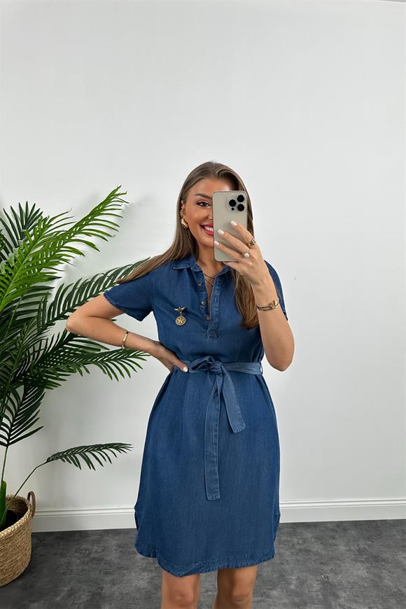 Lüx Kalite Gold Broşlu İpek Tensel Jean Elbise